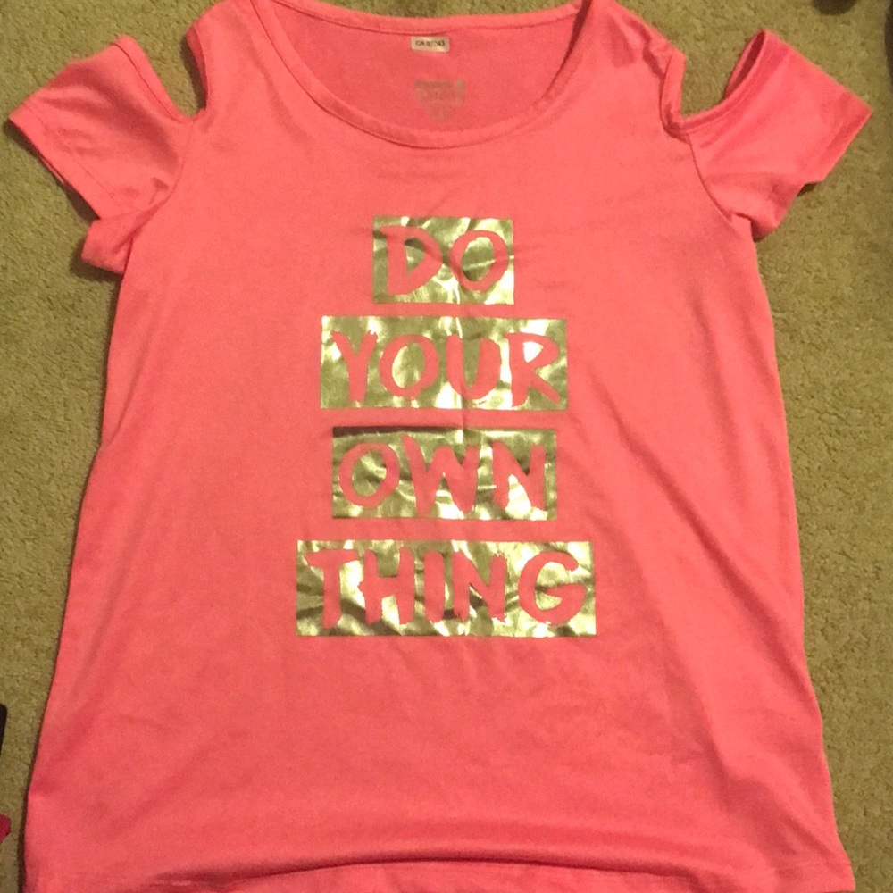 Do your own thing pink and silver workout shirt.